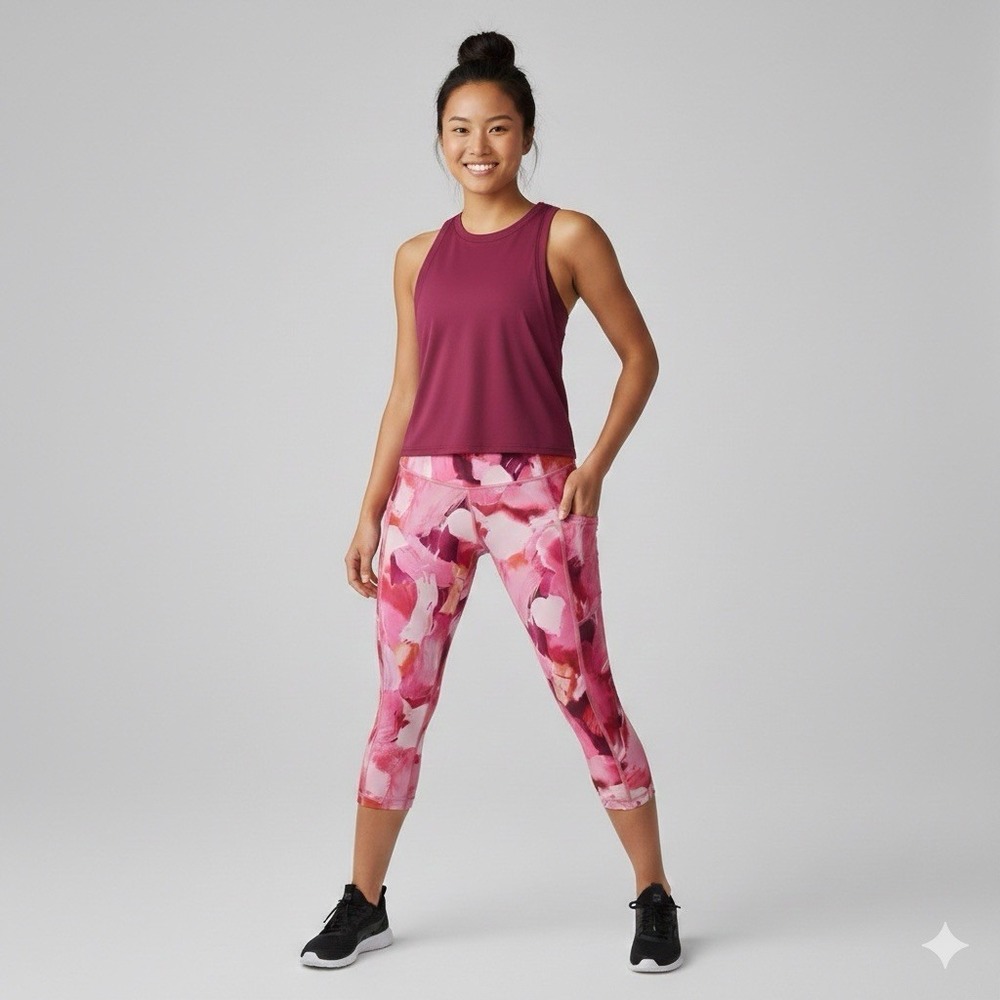 Athleta Ultimate Stash II‎ Capri Leggings S Pink Floral Abstract Pocket Crop 19"